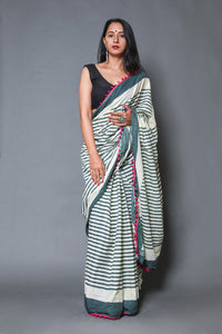 Green & Beige Lining Block Print Mul Cotton Saree with Blouse