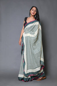 Green & Beige Lining Block Print Mul Cotton Saree with Blouse
