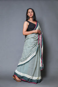 Green & Beige Lining Block Print Mul Cotton Saree with Blouse