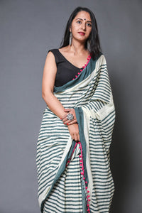 Green & Beige Lining Block Print Mul Cotton Saree with Blouse