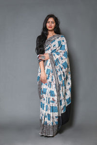 Beige & Turquoise Batik, Box Block Print Mul Cotton Saree with Blouse