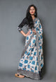 Beige & Turquoise Batik, Box Block Print Mul Cotton Saree with Blouse