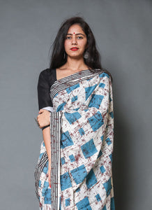 Beige & Turquoise Batik, Box Block Print Mul Cotton Saree with Blouse