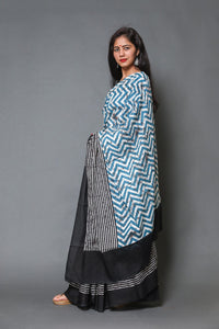 Blue & Black Batik, Zik-zak Block Print Mul Cotton Saree with Blouse