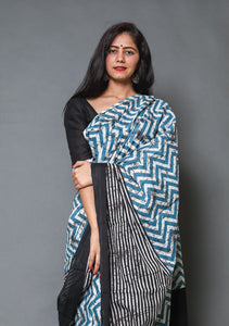 Blue & Black Batik, Zik-zak Block Print Mul Cotton Saree with Blouse