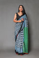 Grey & Black Checks Block Print Mul Cotton Saree with Blouse