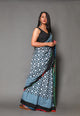 Grey & Black Checks Block Print Mul Cotton Saree with Blouse