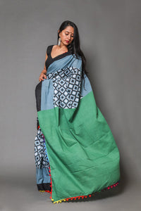 Grey & Black Checks Block Print Mul Cotton Saree with Blouse