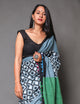 Grey & Black Checks Block Print Mul Cotton Saree with Blouse