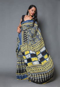 Black & Mustard Block Jaal Print Mul Cotton Saree with Blouse