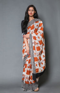 Orange & Black Batik Box Block Print Mul Cotton Saree with Blouse