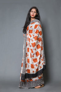 Orange & Black Batik Box Block Print Mul Cotton Saree with Blouse