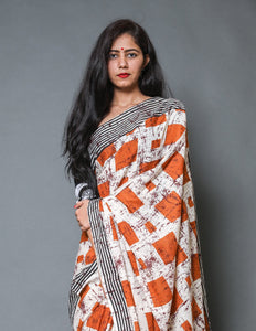 Orange & Black Batik Box Block Print Mul Cotton Saree with Blouse