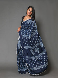 Indigo Blue Jaipuri Block Butti Print Mul Cotton Sari with Blouse
