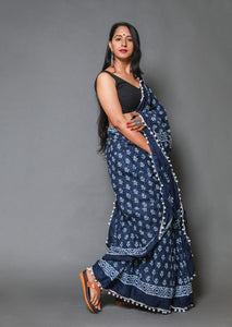 Indigo Blue Jaipuri Block Butti Print Mul Cotton Sari with Blouse