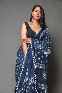 Indigo Blue Jaipuri Block Butti Print Mul Cotton Sari with Blouse