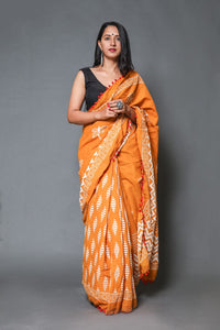 Mustard Dragon & Pasely Block Print Mul Cotton Saree with Blouse
