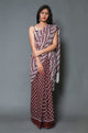 Burgundy & White Line, Circle Block Print Mul Cotton Saree with Blouse