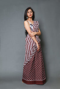 Burgundy & White Line, Circle Block Print Mul Cotton Saree with Blouse