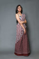 Burgundy & White Line, Circle Block Print Mul Cotton Saree with Blouse