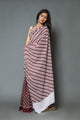 Burgundy & White Line, Circle Block Print Mul Cotton Saree with Blouse