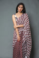 Burgundy & White Line, Circle Block Print Mul Cotton Saree with Blouse