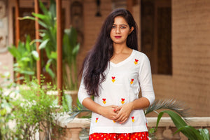 Red Heart Embroidery Motif White Top