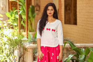 Pink Embroidery Motif White Top