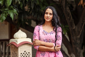 Pink Dabu Print Potali Button Dress