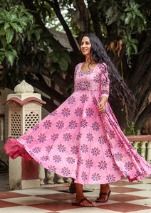Pink Dabu Print Potali Button Dress