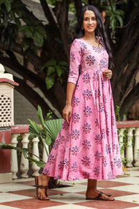 Pink Dabu Print Potali Button Dress