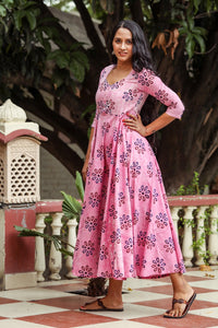 Pink Dabu Print Potali Button Dress