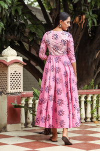 Pink Dabu Print Potali Button Dress