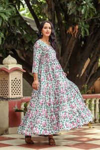 White Jaal Block Print Tyre Dress