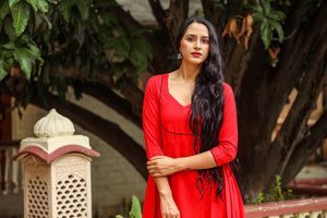 Red Solid Tassels & Frill Dress