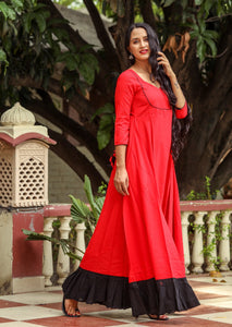 Red Solid Tassels & Frill Dress