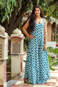 Blue Dabu Print Jumpsuit Dress