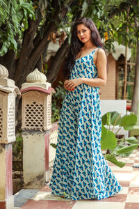 Blue Dabu Print Jumpsuit Dress