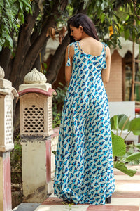 Blue Dabu Print Jumpsuit Dress