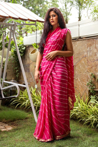 Pink Lahariya Gota Work Chiffon Saree with Blouse Piece