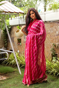 Pink Lahariya Gota Work Chiffon Saree with Blouse Piece