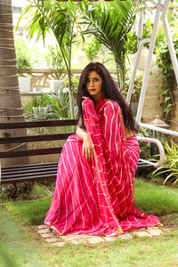 Pink Lahariya Gota Work Chiffon Saree with Blouse Piece