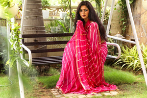 Pink Lahariya Gota Work Chiffon Saree with Blouse Piece