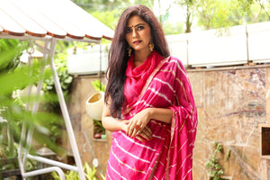 Pink Lahariya Gota Work Chiffon Saree with Blouse Piece