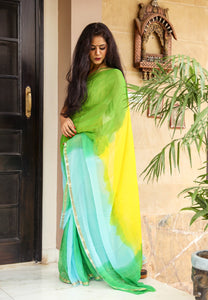 Green & Yellow Golden Border Chiffon Saree with Blouse Piece