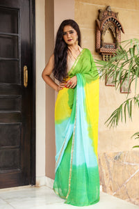 Green & Yellow Golden Border Chiffon Saree with Blouse Piece