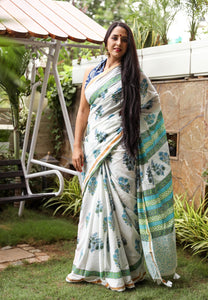 Ivory  Hand Block Butta Print Mul Saree with Blouse Piece