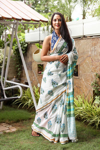 Ivory  Hand Block Butta Print Mul Saree with Blouse Piece