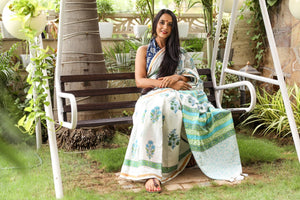 Ivory  Hand Block Butta Print Mul Saree with Blouse Piece