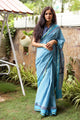 Turquoise Block Butti Print Mul Cotton Saree with Blouse Piece